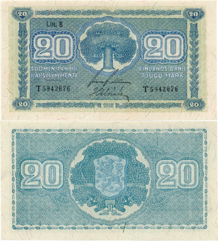 20 Markkaa 1945 Litt.B T5942676 kl.9
